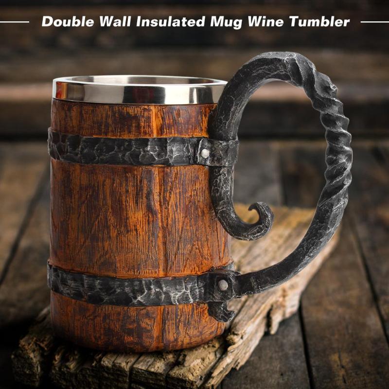 Personality Simulation Crude Wood Drinking Mug  Double Wall Insulated Drinking Cup Resin Stainless Steel Liner Beer Cups